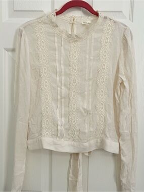 Self E Cream Lace-Trim Long Sleeve Blouse | Size Small
